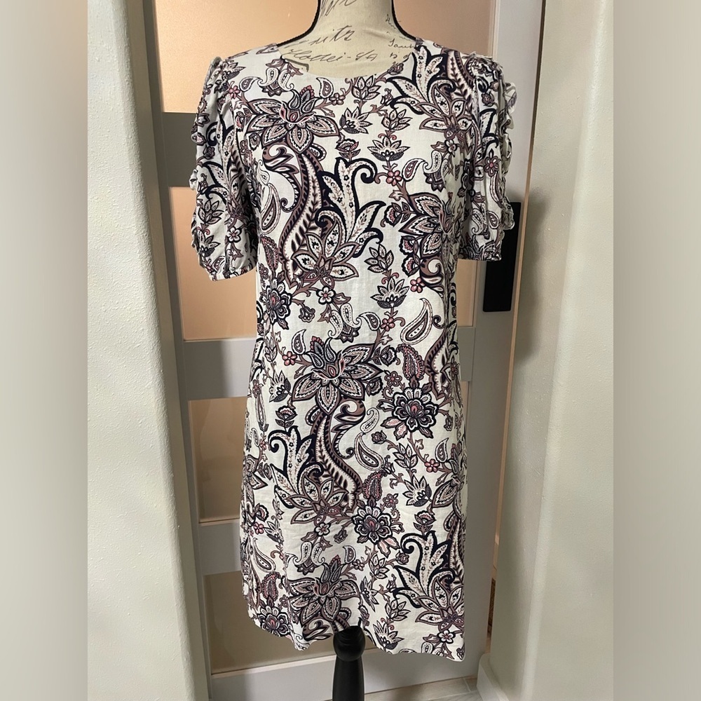 🧨 Eliza J Paisley Puff Sleeve Linen Blend Dress SZ 8 EUC